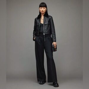ALLSAINTS Safiya Leather Cargo Pocket Shearling Collar Moto Jacket, Size 6